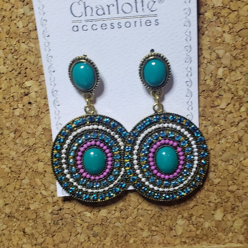 Round Turquois With Pink Jewel Dangle Earring